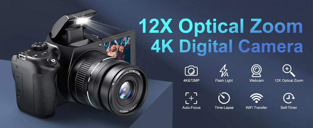 4K HD Digital Camera with Auto Focus & 12X Optical Zoom – 72MP Vlogging Camera for YouTube & Photography