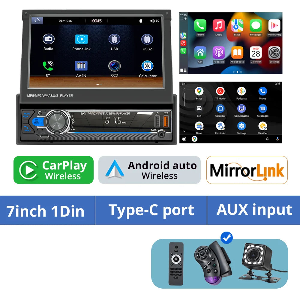 1Din 7'' Retractable Car Stereo with Wireless CarPlay & Android Auto, Bluetooth, FM, USB, AUX