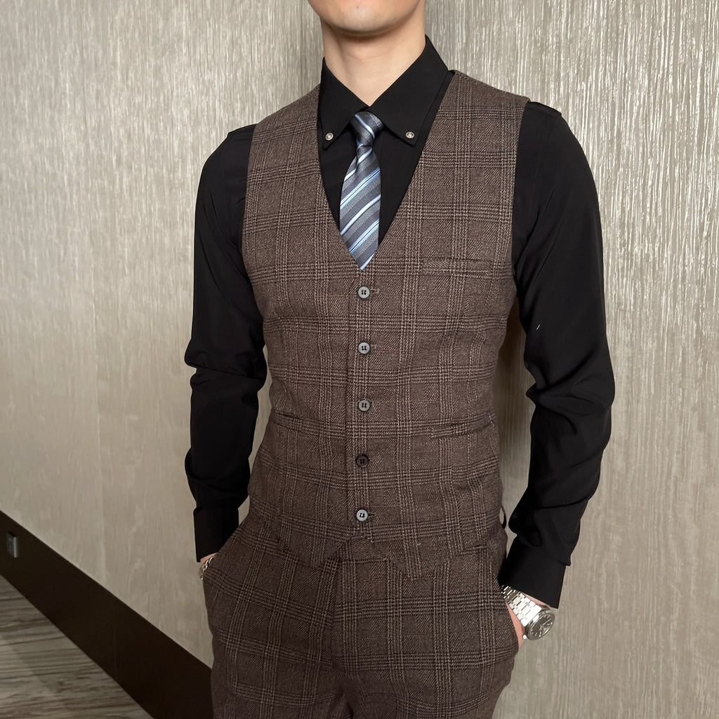 Men’s Modified Plaid Three-Piece Suit – Slim Fit England Style Vest & Trousers Set