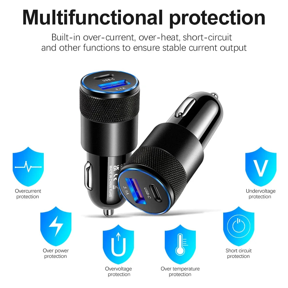 Mini 70W PD QC 3.0 Fast Charging Car Charger USB Type-C Dual Port Adapter