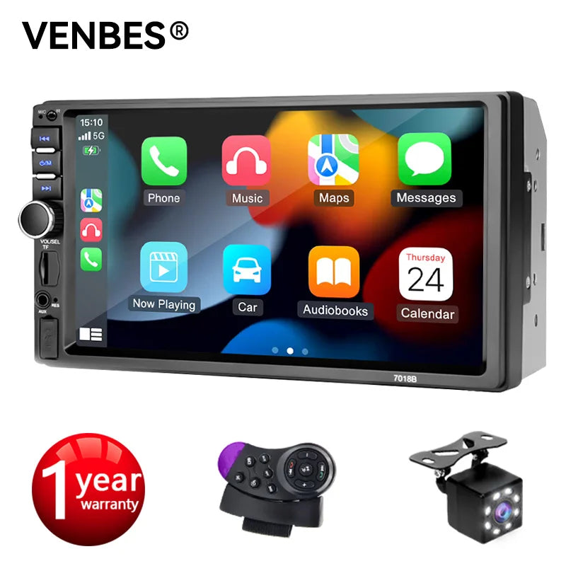 VENBES 7-Inch CarPlay Android Auto 2-DIN Car Stereo with Touchscreen, Bluetooth, USB, FM – Universal Fit
