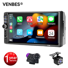 Car multimedia system with touchscreen display, Venbes branding, and warranty badge on a white background.