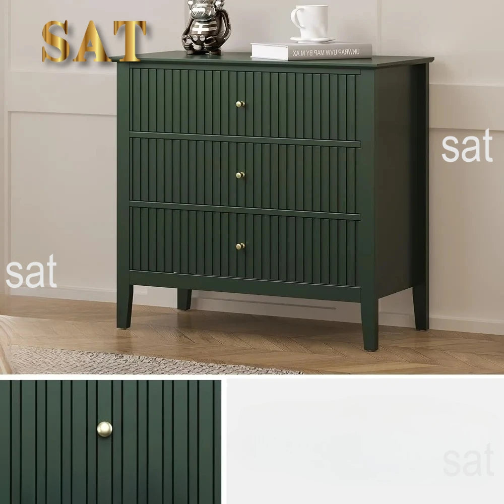 Green Fluted 3 Drawer Modern Dresser Nightstand – 32 Inch Wide Wood Chest of Drawers