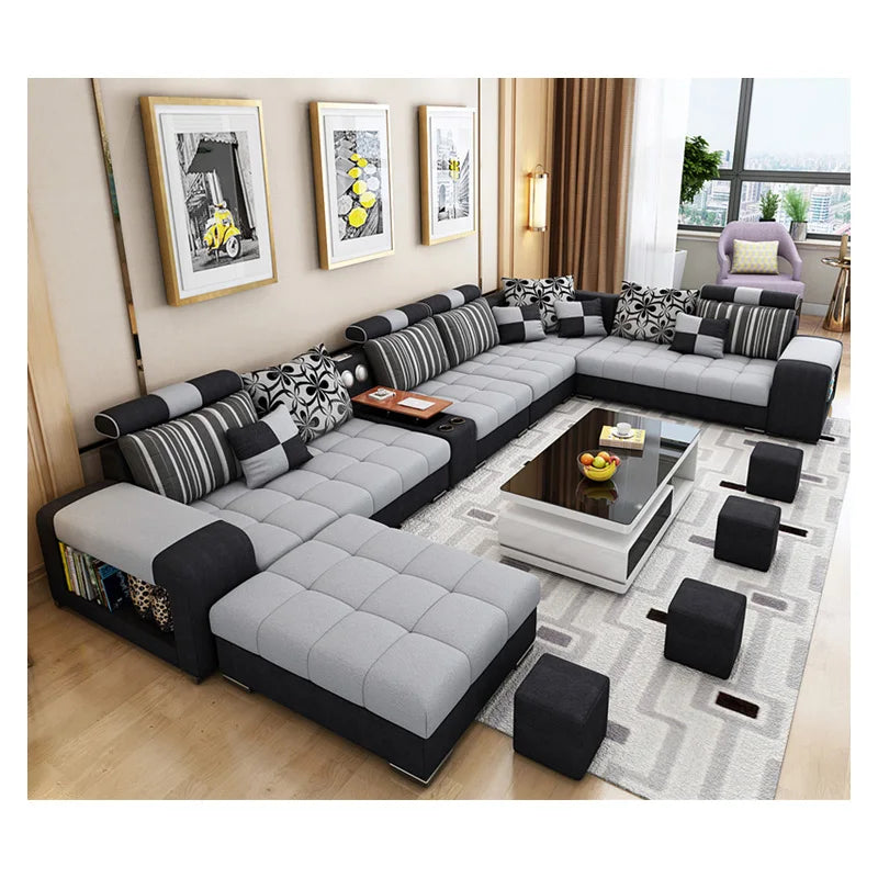 Modern U-Shaped Fabric Sofa Set with USB & Stools – Living Room Couch, Customizable Colors