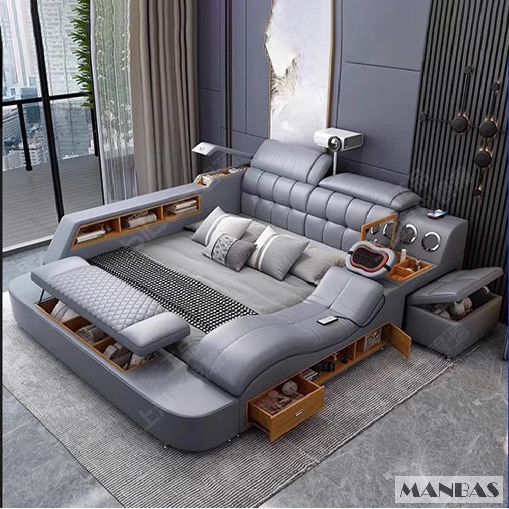 MANBAS Luxury King Size Genuine Leather Smart Bed with Massage, Storage, USB & Projector