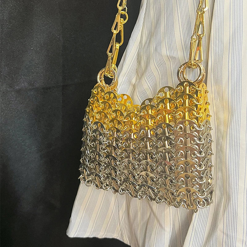 Silver Shiny Hand Woven Bead Sequin Crossbody Bag with Long Shoulder Strap for Women