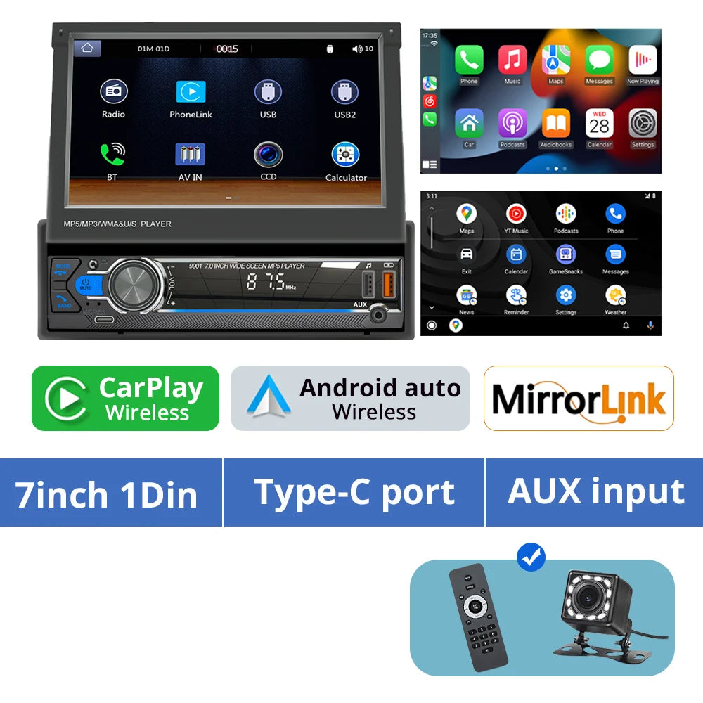 1Din 7'' Retractable Car Stereo with Wireless CarPlay & Android Auto, Bluetooth, FM, USB, AUX