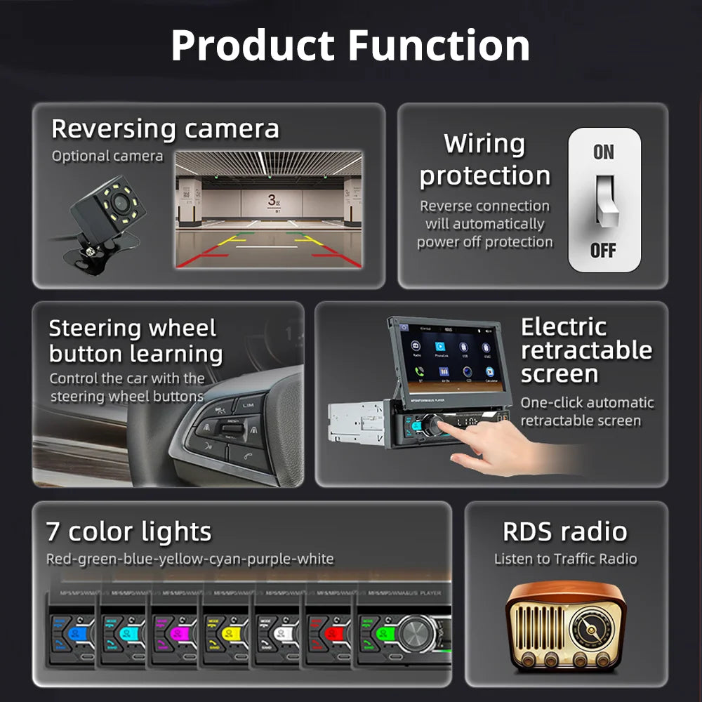 1Din 7'' Retractable Car Stereo with Wireless CarPlay & Android Auto, Bluetooth, FM, USB, AUX