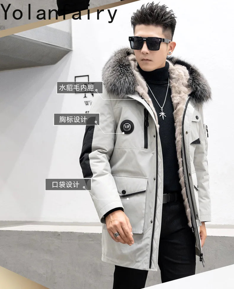 Real Mink Fur Inner Coat Men 90% Down 10% Feather Winter Mid-Length Jacket with Hood and Fox Fur Collar