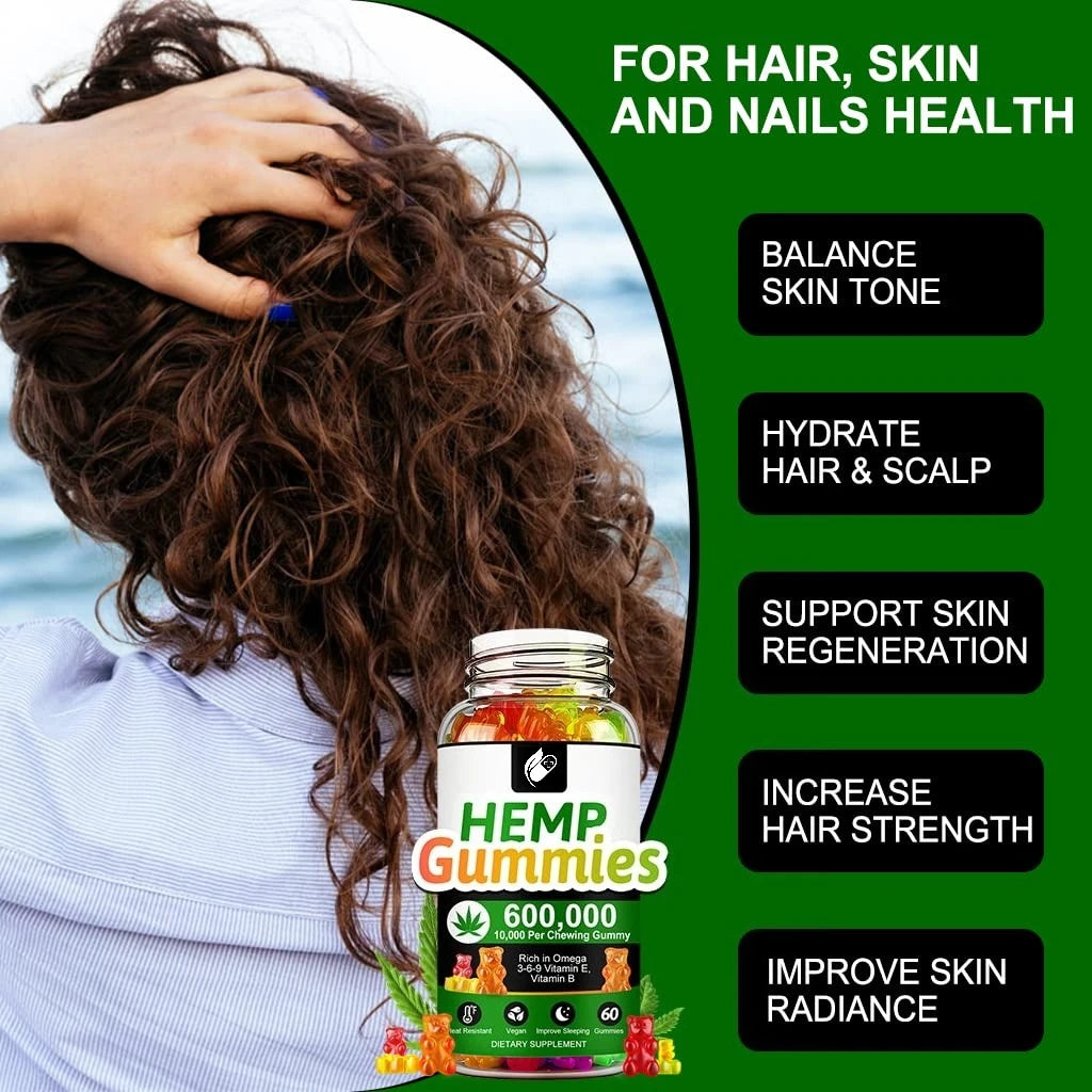 Contains Omega 3-6-9 Vitamin B, E Gummies - Stress Relief, Sleep, Mood, Skin, Nails, Focus, Joint Support, Non-GMO Supplement