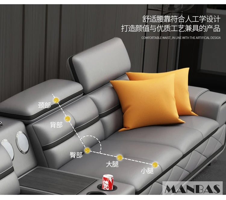 Modern Italian Genuine Leather Sectional Sofa with USB Charging & Bluetooth Speaker – MINGDIBAO Living Room Furniture