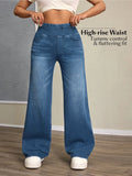 Women's High-Rise Wide-Leg Jeans – Stretch Denim Tummy Tuck Casual Pants thumbnail 2