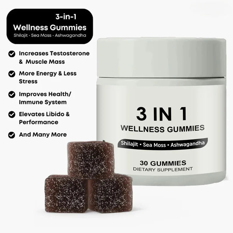 3-in-1 Wellness Gummies – Shilajit, Sea Moss & Ashwagandha | 30 Gummies Dietary Supplement