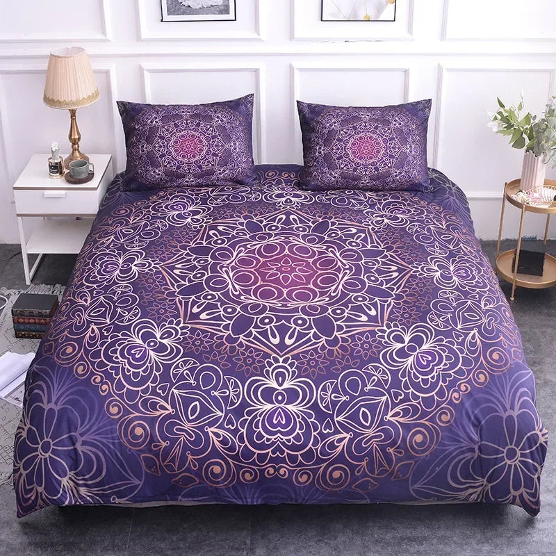 Mandala Lotus Flower Duvet Cover Set King Size Blue Purple Pink Bohemian 3D Print Bedding
