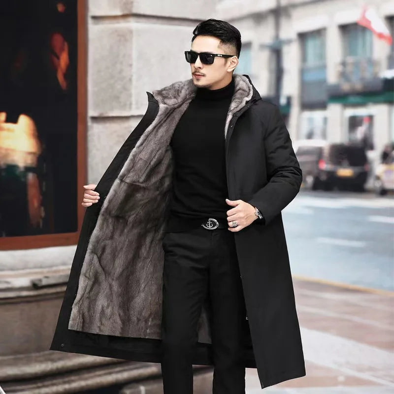 Men’s Detachable Fur One-Piece Winter Coat – Thick Faux Mink Fur Lined