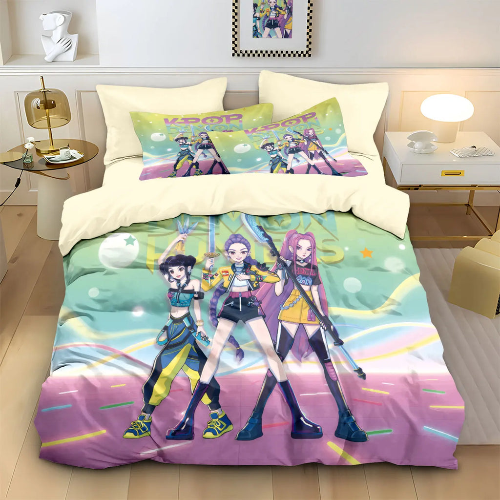 3pcs K-Pop Bedding Set Demon Hunters Colorful Print Polyester Duvet Cover with Pillowcases