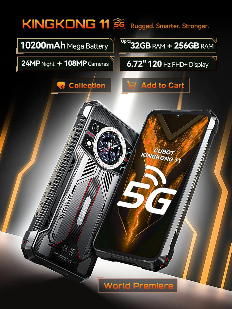 Cubot KingKong 11 Rugged 5G Smartphone, 10200mAh Battery, Dimensity 7025, 32GB RAM, 256GB ROM, 108MP Triple Camera, 6.72" FHD+ 120Hz Display, Android 15