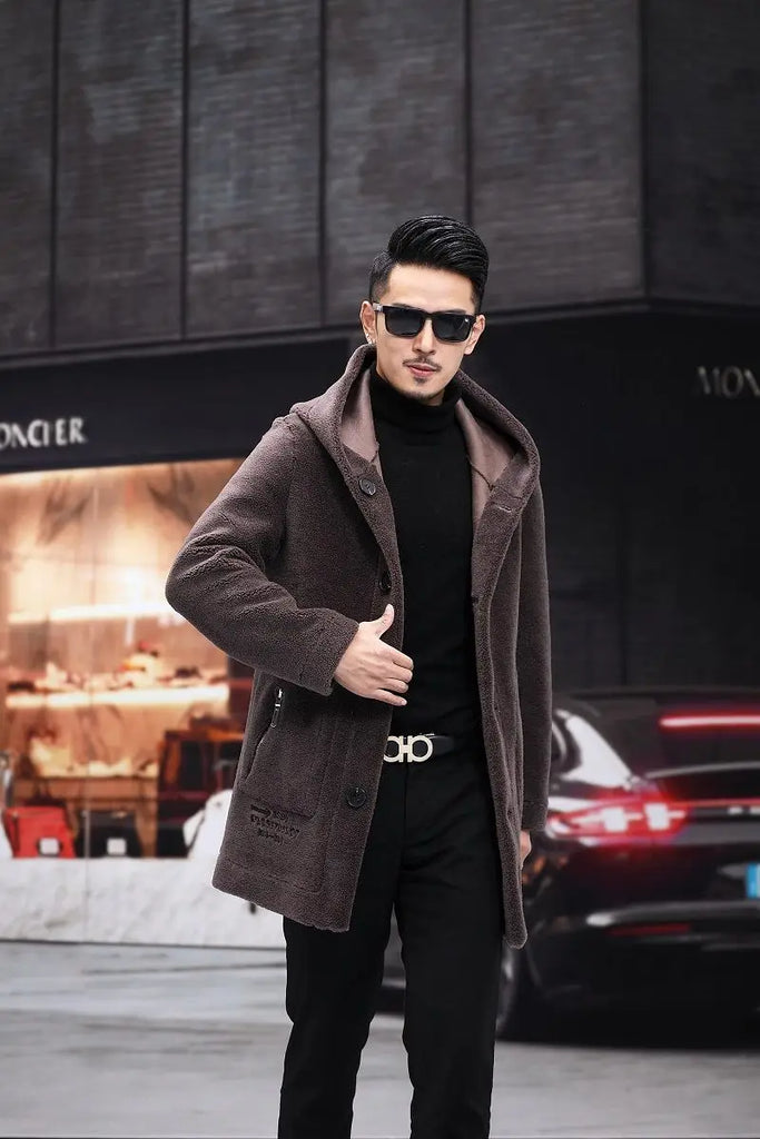 Men’s Winter Casual Thick Fleece Hooded Waterproof Jacket with Real Fur Wool Coat