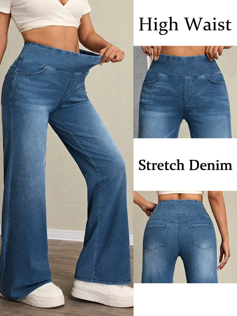Women's High-Rise Wide-Leg Jeans – Stretch Denim Tummy Tuck Casual Pants