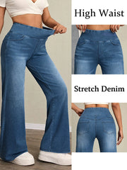 Women's High-Rise Wide-Leg Jeans – Stretch Denim Tummy Tuck Casual Pants