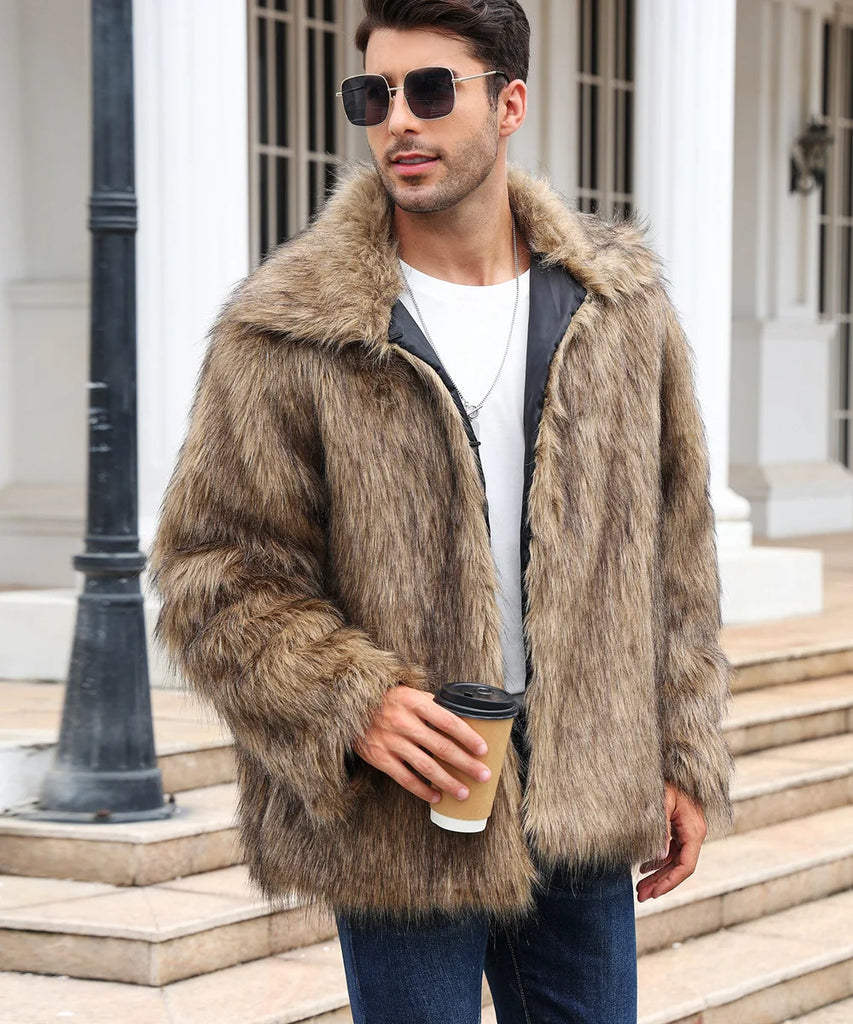 Men’s Faux Fox Fur Jacket Coat – Thick Shaggy Winter Outerwear