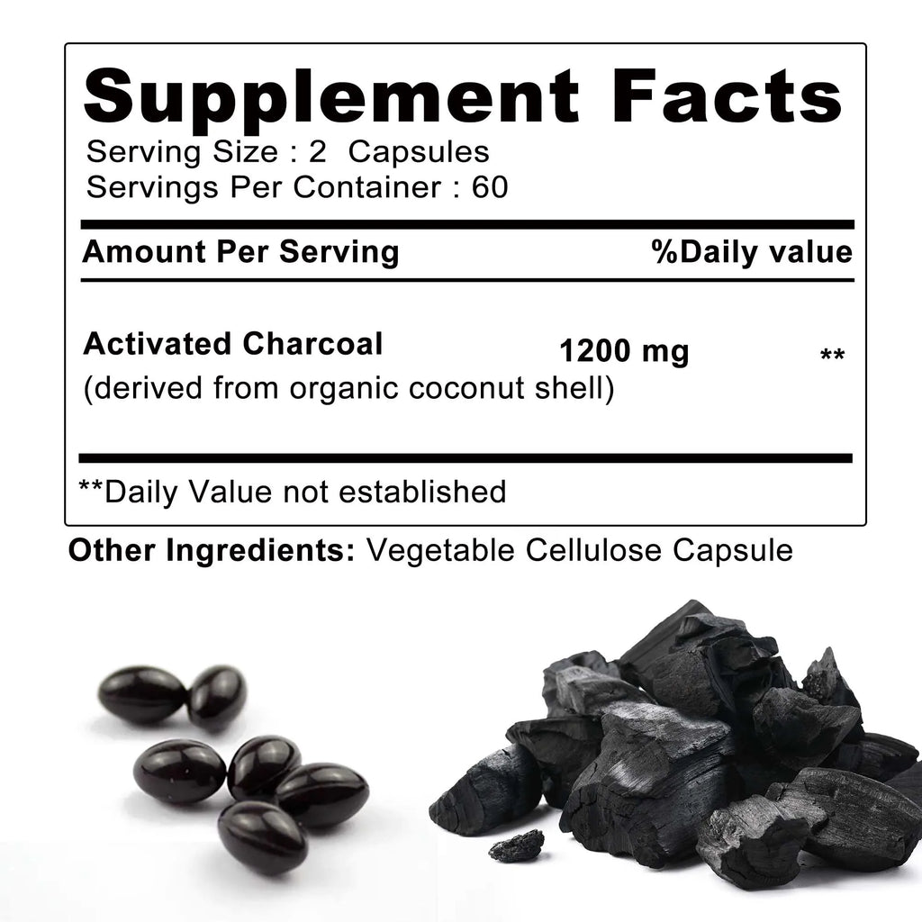 Activated Charcoal Capsules for Gut Health, Bloating and Gas Relief – Digestive Detox and Colon Cleanse Supplement – 30/60/120 Capsules