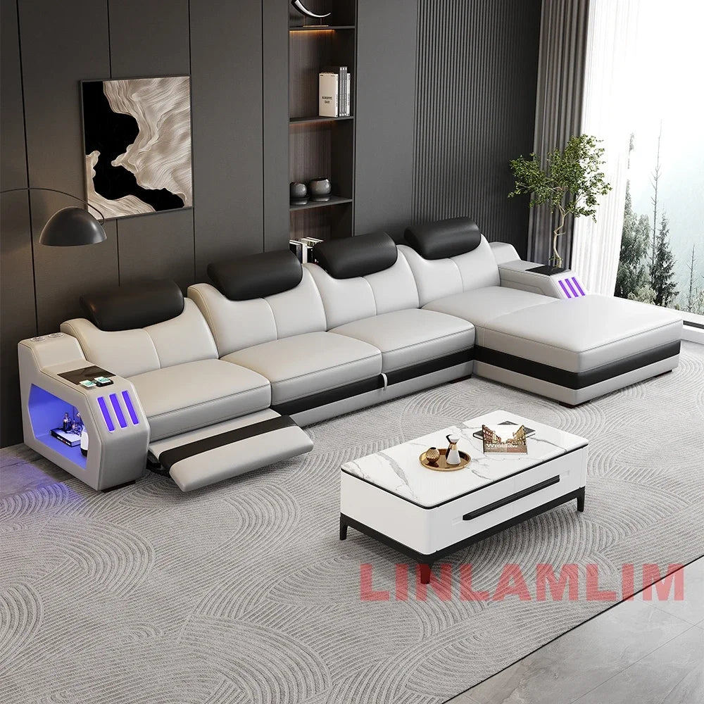 Modern L-Shaped Leather Sectional Sofa Bed with Adjustable Headrests, LED Lights, Storage & USB Ports