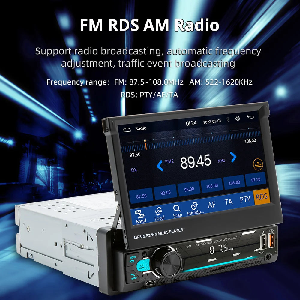 1Din 7'' Retractable Car Stereo with Wireless CarPlay & Android Auto, Bluetooth, FM, USB, AUX
