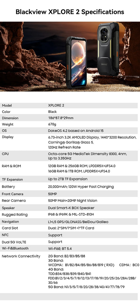 Blackview XPLORE 2 5G Rugged Smartphone, 6.73" AMOLED Display, 20000mAh Battery, 120W Fast Charge, 50MP Camera, Outdoor Mobile Phone
