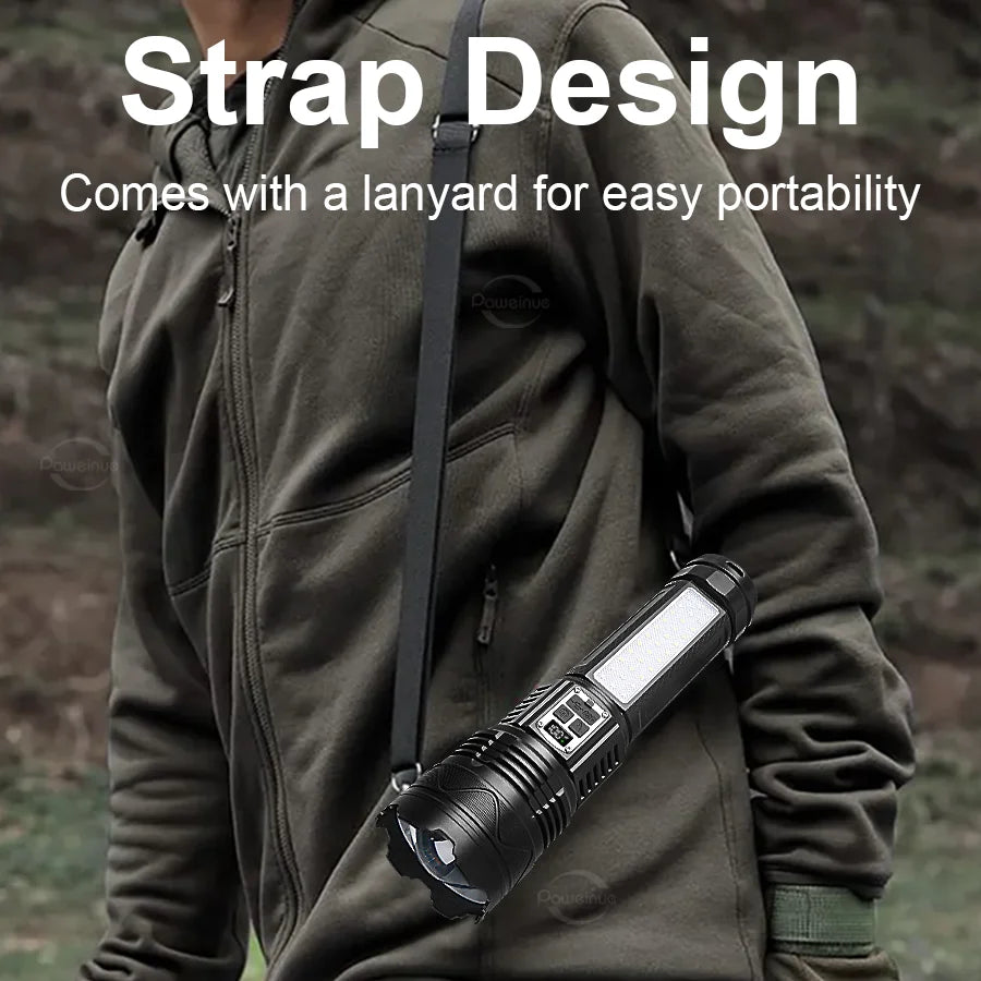 UltraBright™ 1500W Rechargeable LED Flashlight – 6,000M Long Range Tactical Torch (Built-in Power Bank)