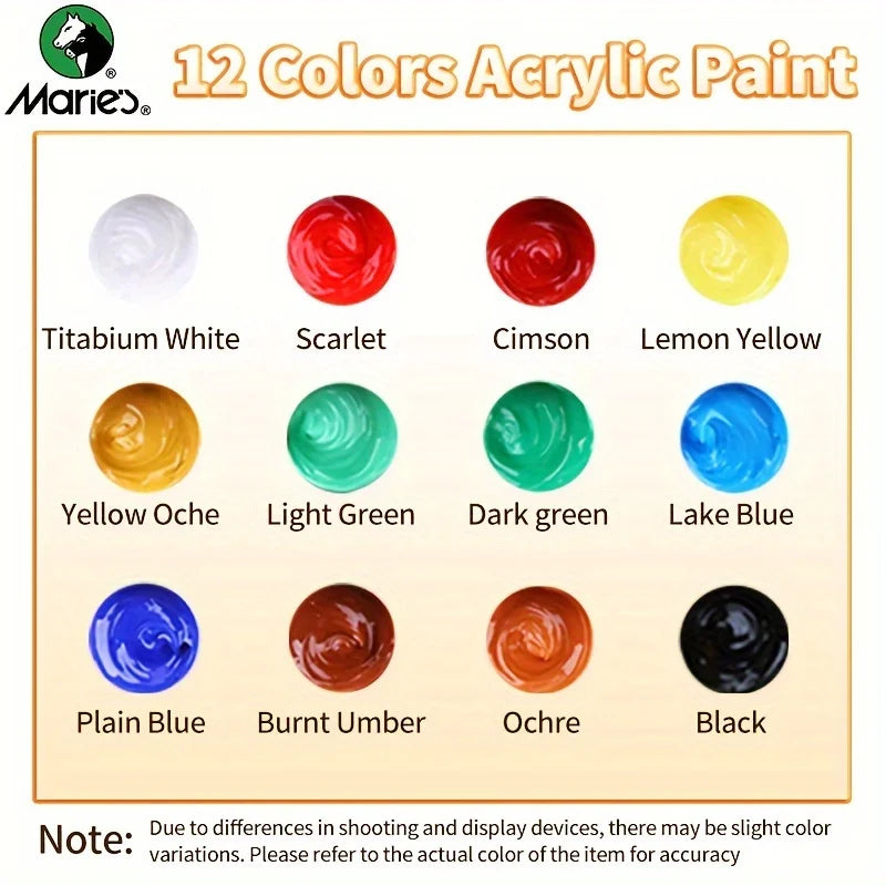 Marie's 20pcs Acrylic Paint Set – 12 Colors with 7 Brushes & 1 Palette for Canvas, Wood, Stone – Artists & Adults