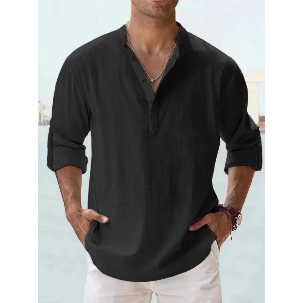 Men’s Cotton Linen Henley Short Sleeve Casual Shirt – Summer Beach & Everyday Wear