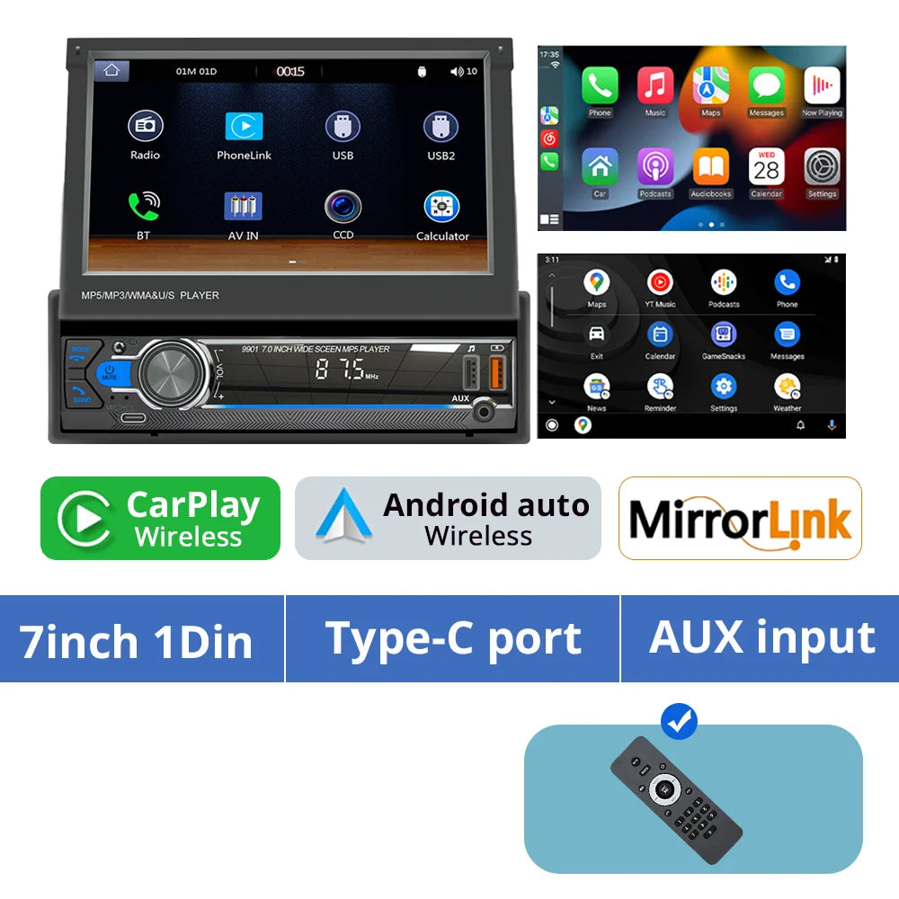 1Din 7'' Retractable Car Stereo with Wireless CarPlay & Android Auto, Bluetooth, FM, USB, AUX