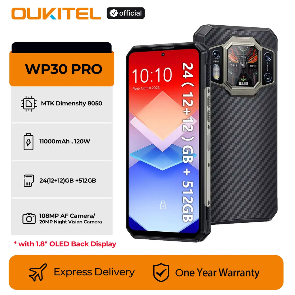 OUKITEL WP30 Pro 5G Rugged Smartphone Android 13 – 24GB + 512GB, Dual Display, 11000mAh, 120W Fast Charge