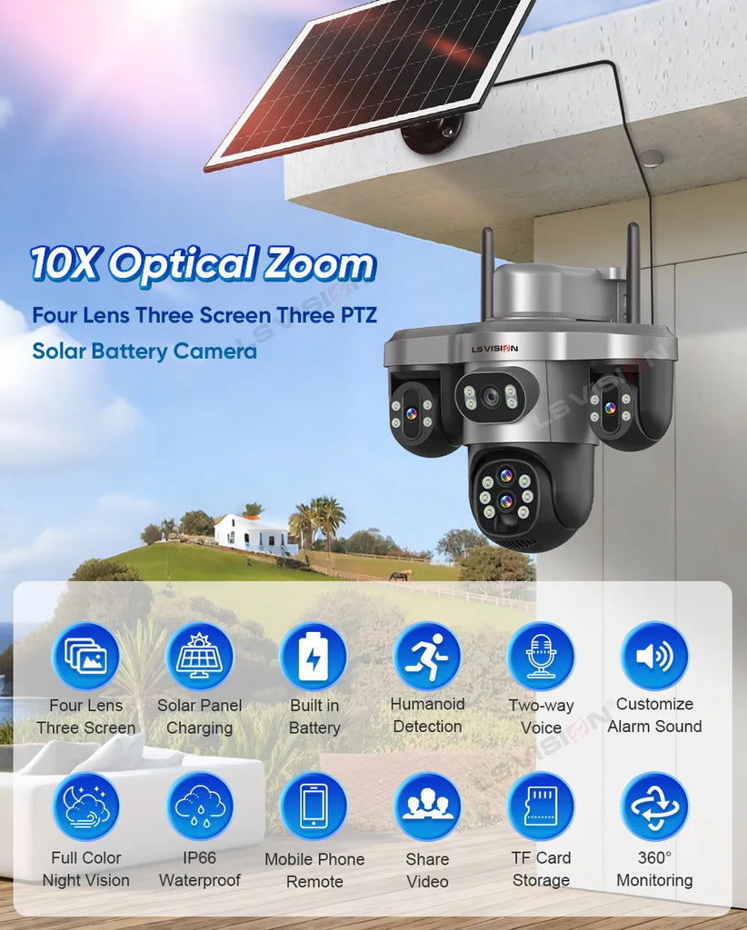 LS VISION 20MP 4-Lens Three Screen 4G/WiFi Solar Security Camera with 10X Optical Zoom and Auto Tracking