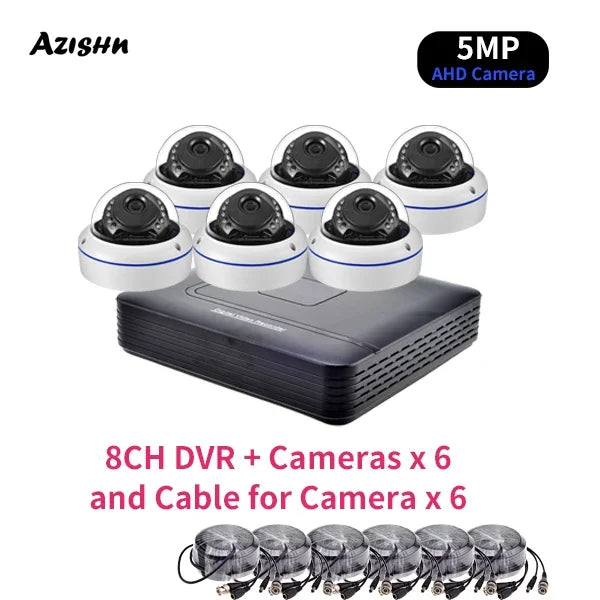 AZISHN 8 Channel 5MP AHD DVR CCTV Security Camera System Kit Indoor Outdoor Waterproof Dome Cameras