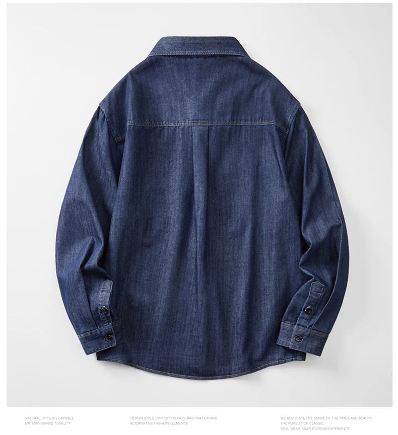 Men’s Casual Cargo Denim Shirt – Heavyweight Vintage Button-Down Workwear Shirt