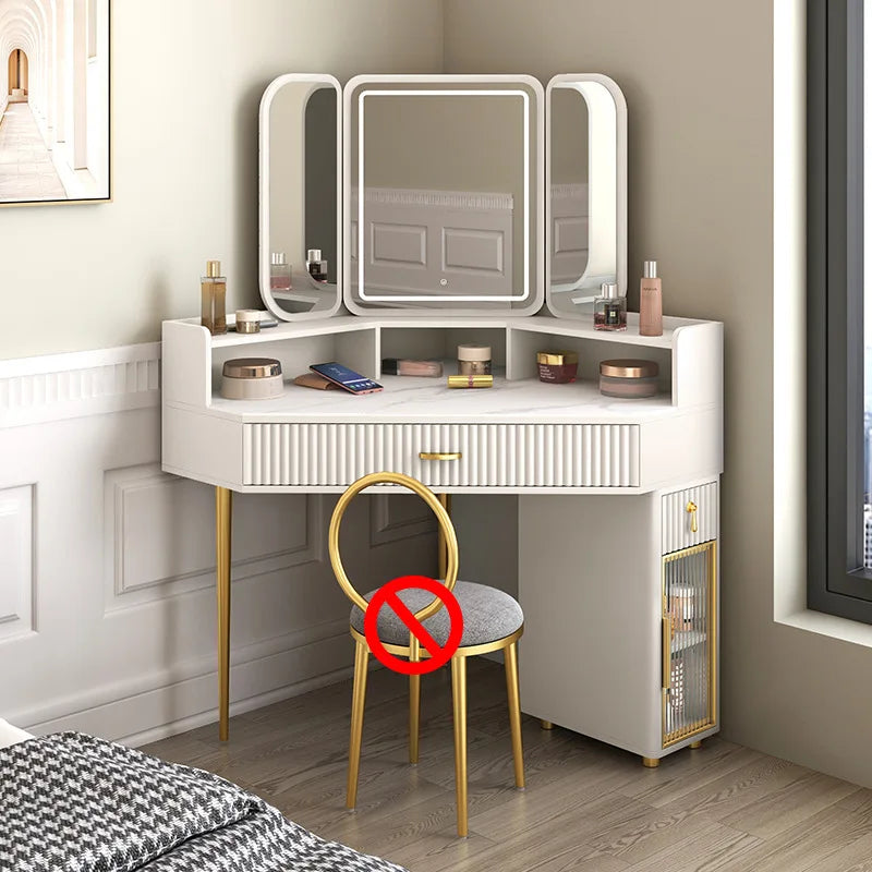 Luxury Solid Wood Corner Dressing Table with Mirror and Stool – Modern Minimalist Bedroom Furniture
