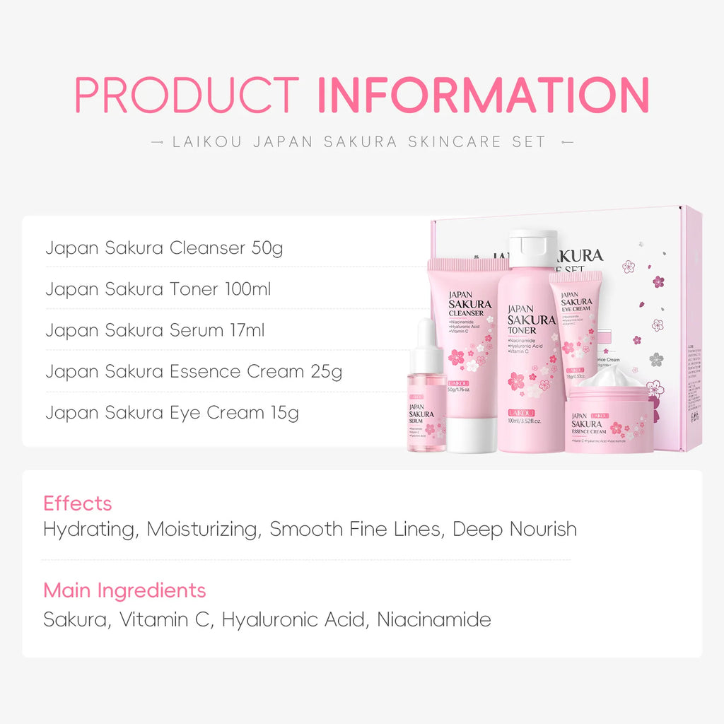 LAIKOU Sakura 5 Piece Skin Care Set Moisturizing Brightening Fine Line Reducing Facial Kit