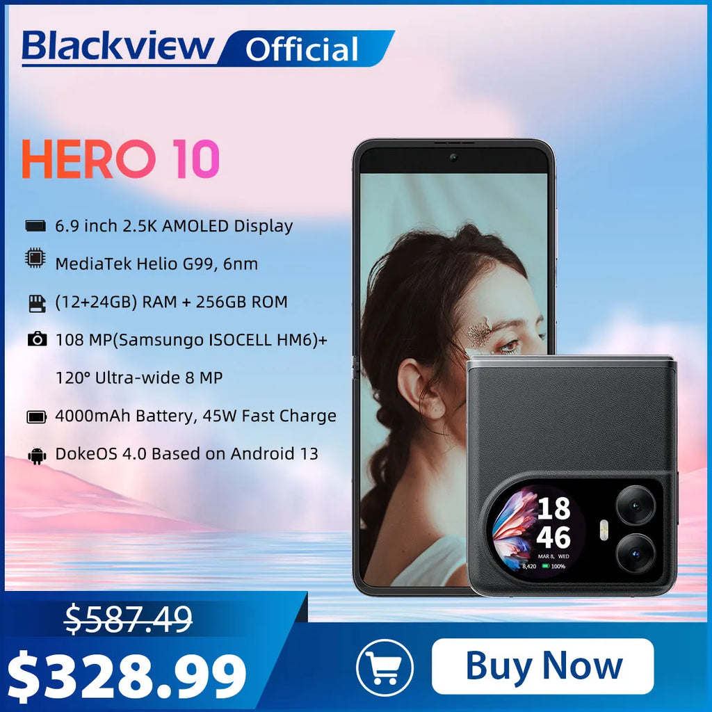 World Premiere 2025 Blackview HERO 10 Foldable Smartphone 6.9" AMOLED, 12GB RAM, 256GB Storage, 108MP Camera, 4000mAh