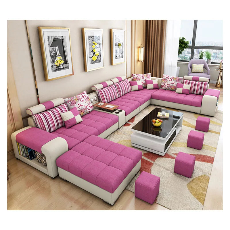 Modern U-Shaped Fabric Sofa Set with USB & Stools – Living Room Couch, Customizable Colors