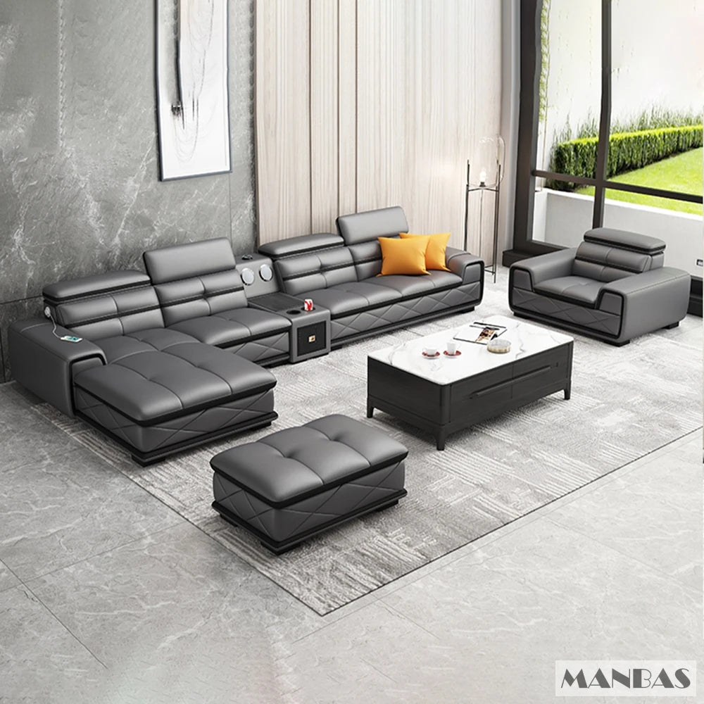 Modern Italian Genuine Leather Sectional Sofa with USB Charging & Bluetooth Speaker – MINGDIBAO Living Room Furniture