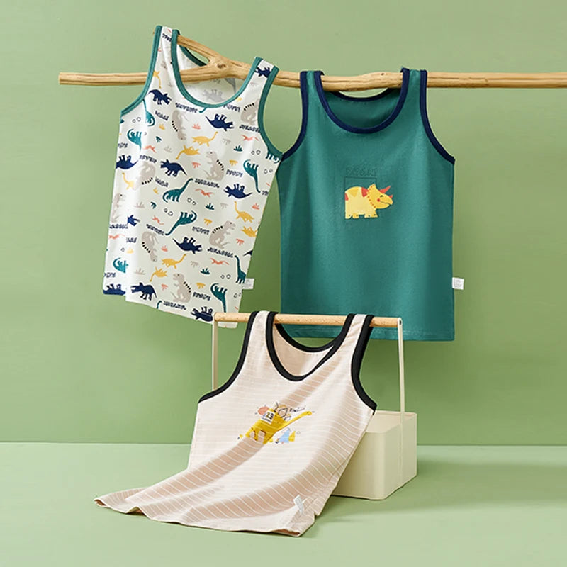 Boys Cartoon Dino Car Cotton Tank Top Singlet Underwear – Kids Summer Undershirt 3-10T
