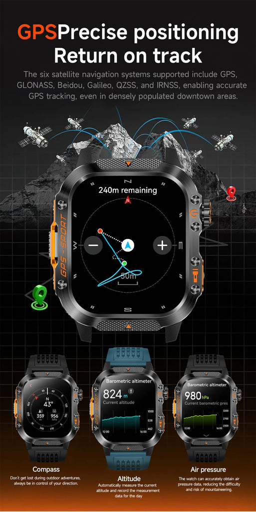Military-Grade GPS Smartwatch for Men – 2.01” AMOLED, Bluetooth Calling, 3ATM Waterproof, 100+ Sports, 540mAh Battery