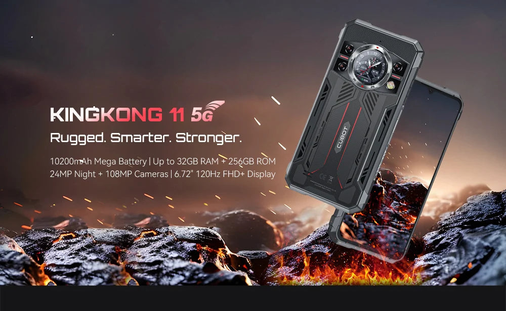 Cubot KingKong 11 Rugged 5G Smartphone, 10200mAh Battery, Dimensity 7025, 32GB RAM, 256GB ROM, 108MP Triple Camera, 6.72" FHD+ 120Hz Display, Android 15