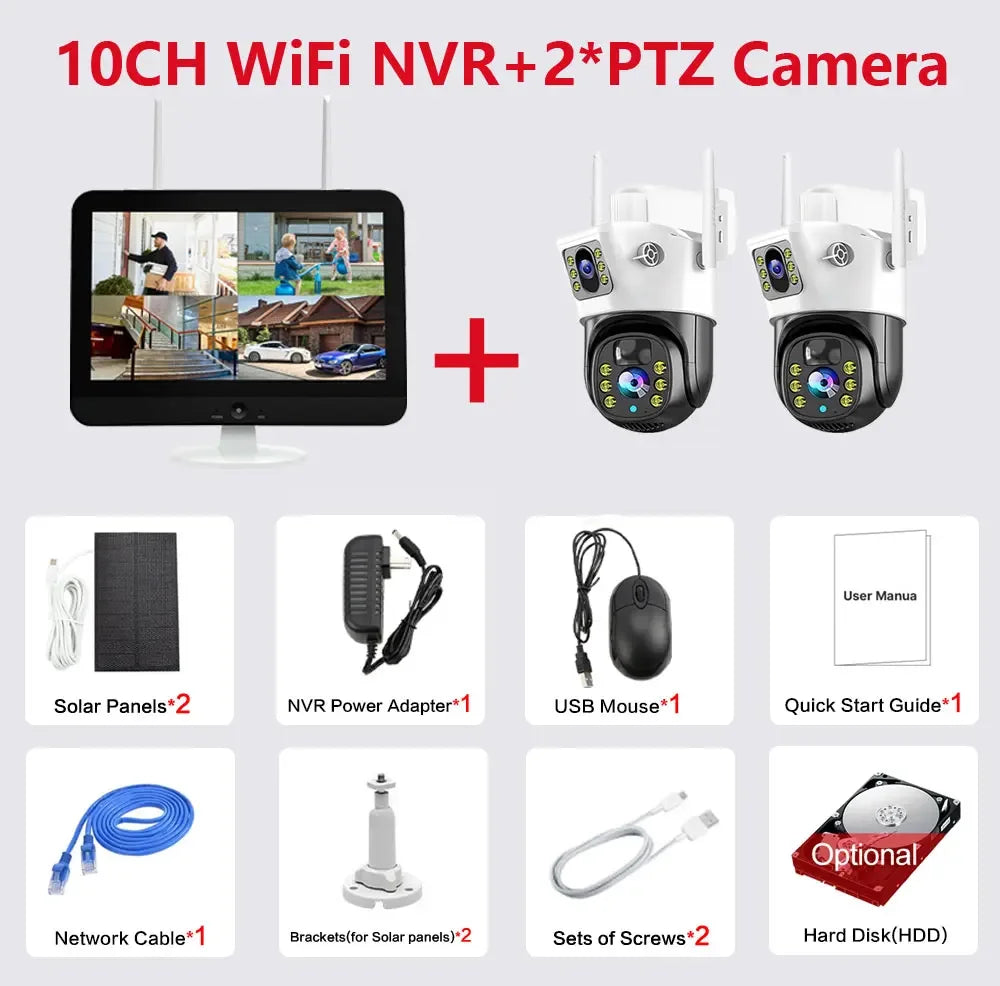 100% Wire-Free Solar PTZ Dual Lens 12.5" LCD Monitor 10CH WiFi NVR 8MP 4K Wireless Home Security Camera System