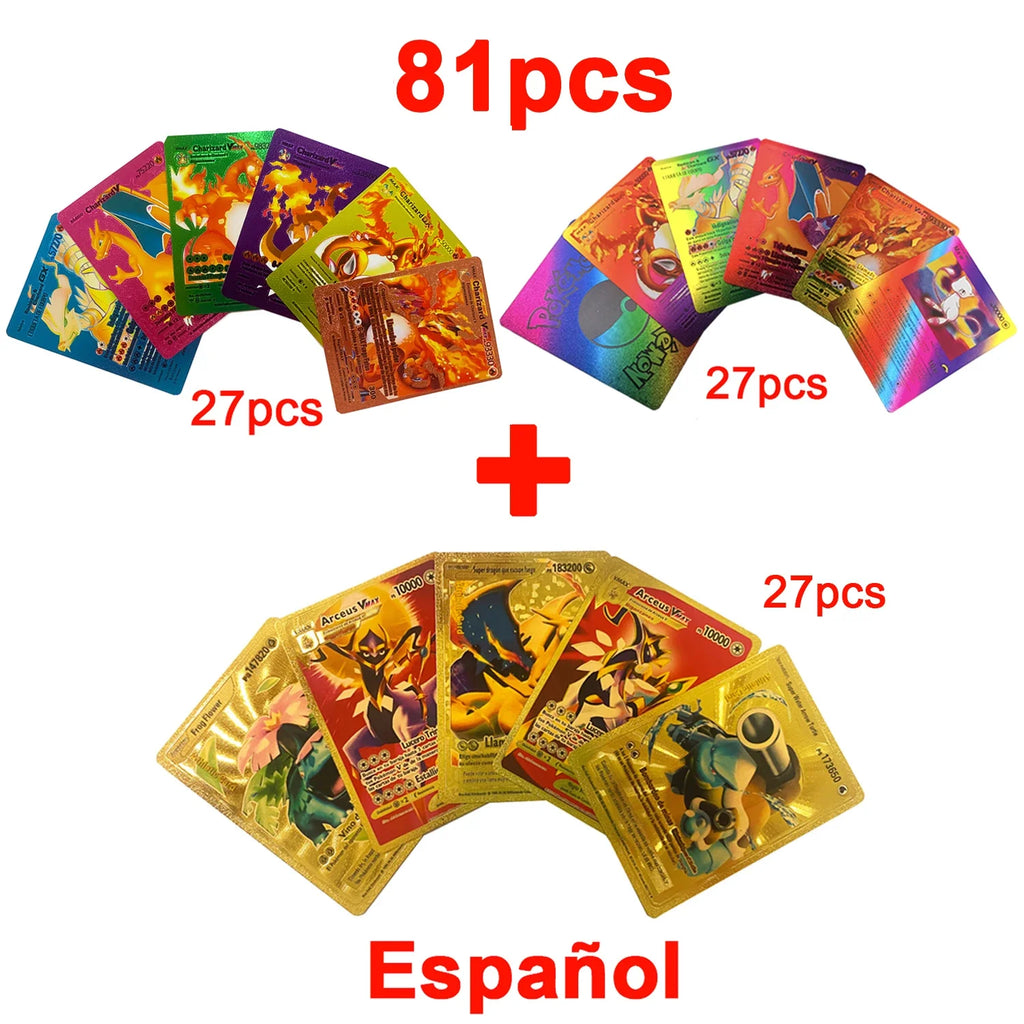 Pokemon VMAX & GX Gold Foil Flash Cards – Pikachu, Charizard, Multilingual Game Battle Collection