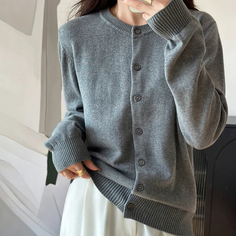 100% Cotton Women’s O-Neck Solid Cardigan – Luxury Designer Pullover