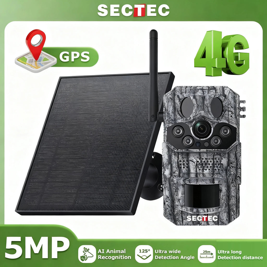 SECTEC 4G 2K 5MP Solar-Powered Trail Camera with Night Vision and PIR Motion Detection