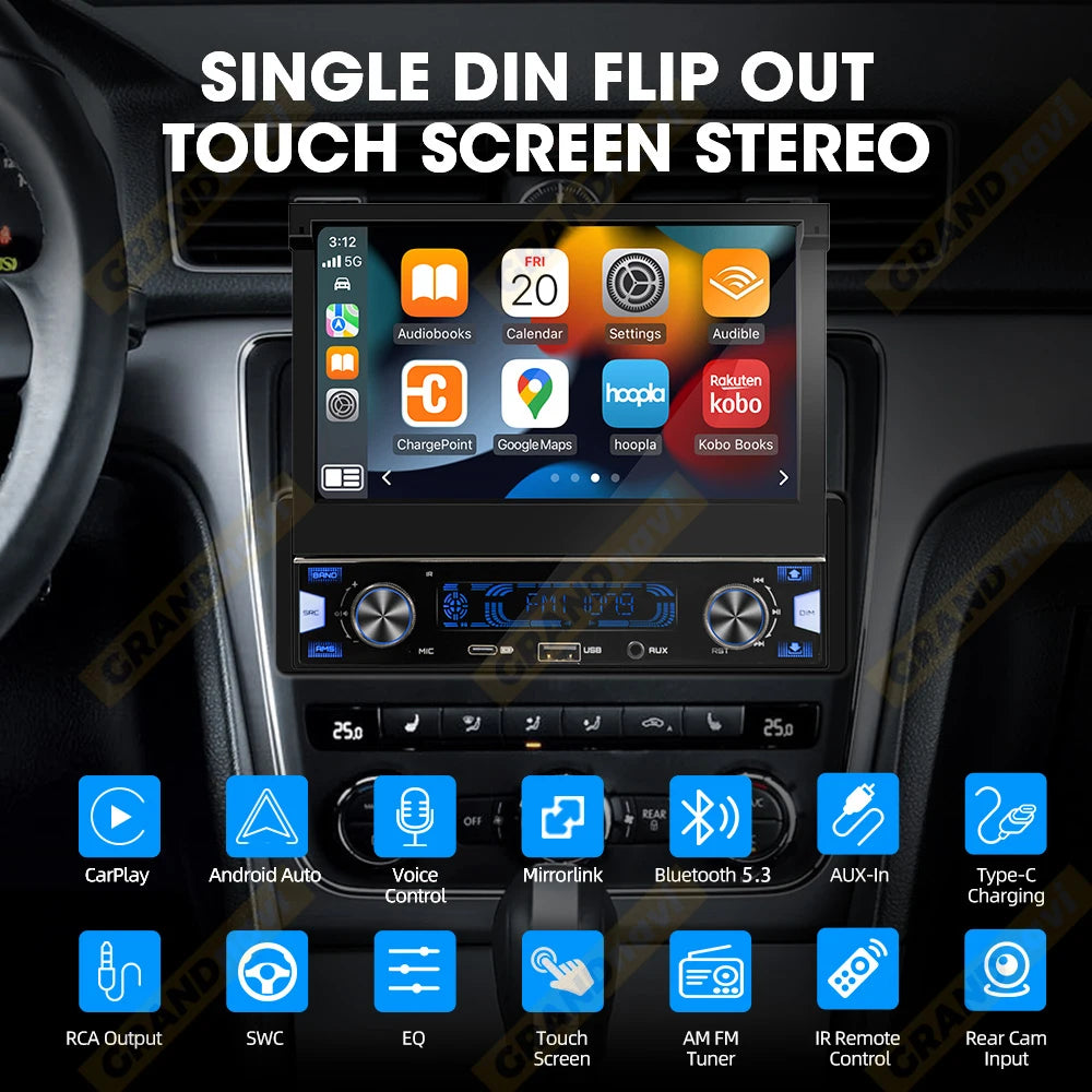 1Din 7 Inch MP5 Radio Player with Automatic Retractable Screen, Wireless CarPlay & Android Auto, FM AM RDS Car Stereo USB Type-C